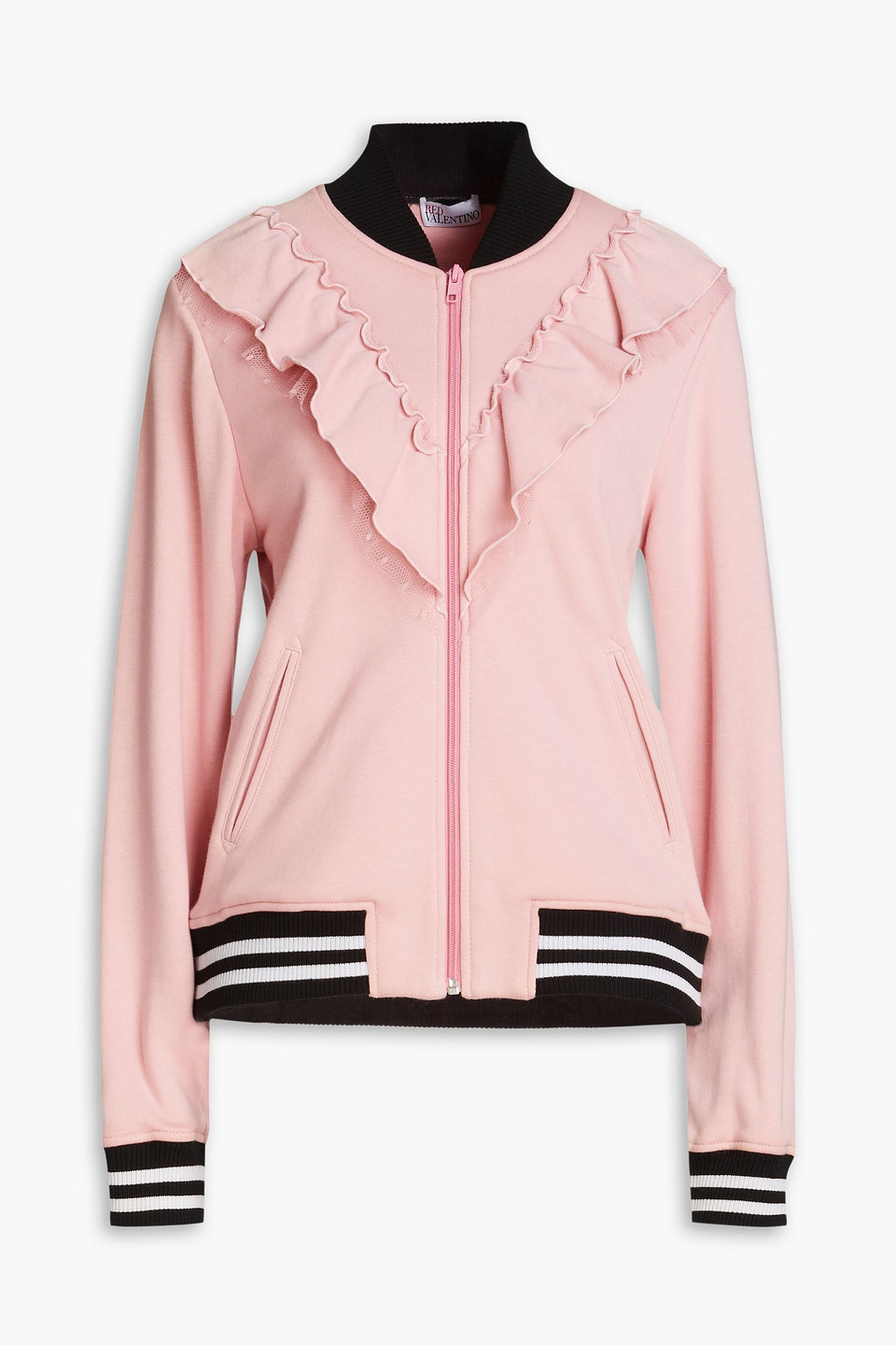 Red Valentino Ruffled French Cotton-blend Terry Bomber Jacket In Pink