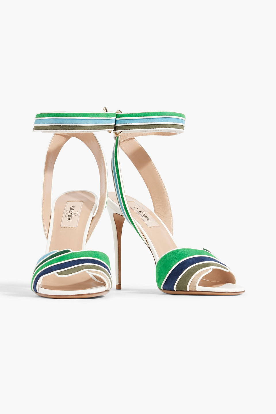 Shop Valentino Striped Leather And Suede Sandals In Green