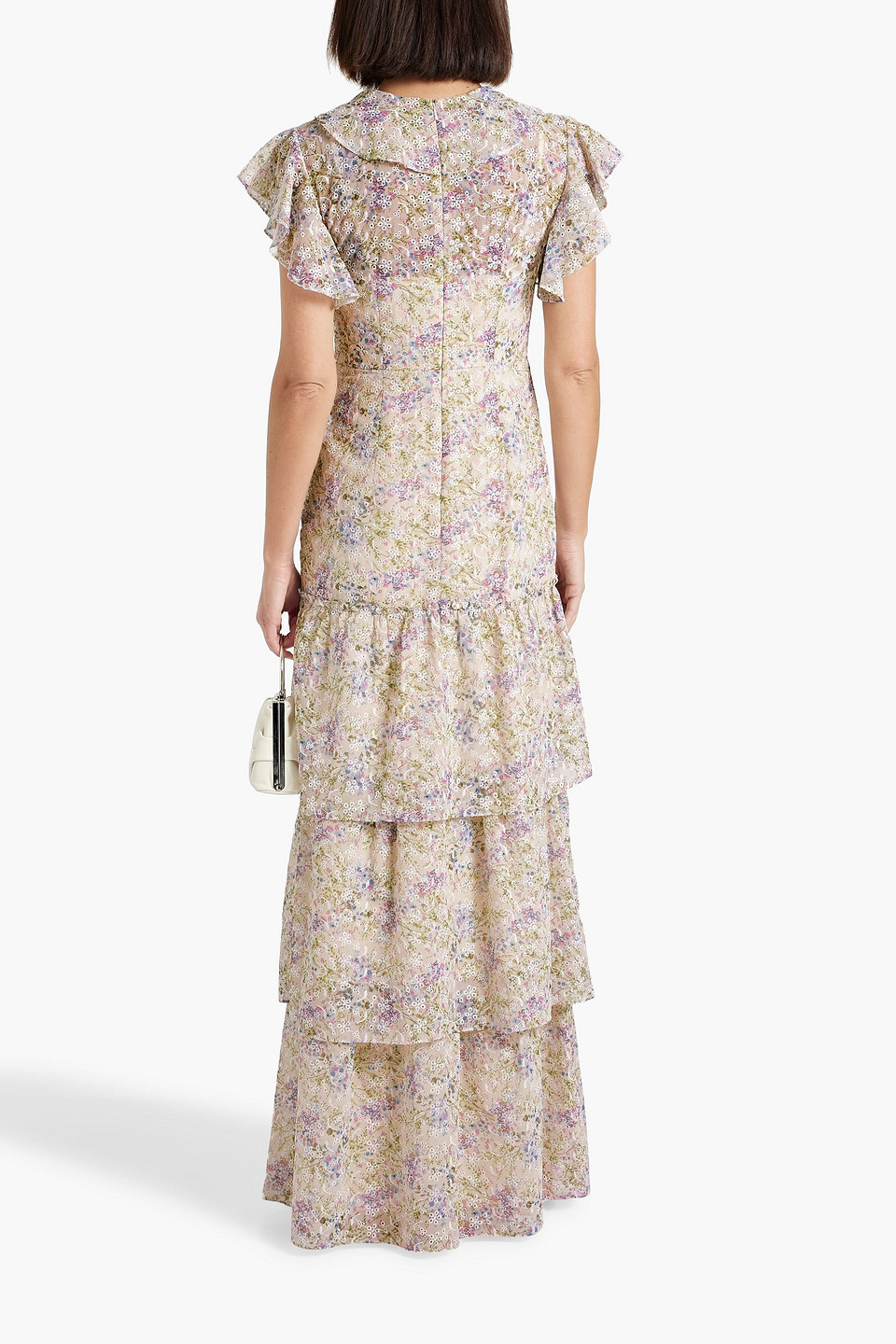 Shop Mikael Aghal Tiered Floral-print Broderie Anglaise Maxi Dress In Lilac