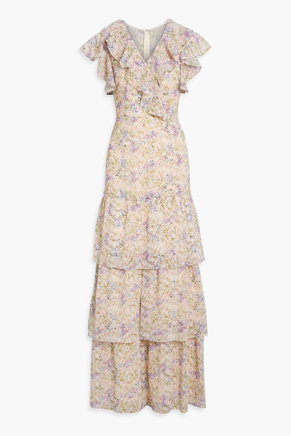 Mikael Aghal Tiered Floral-print Broderie Anglaise Maxi Dress In Lilac