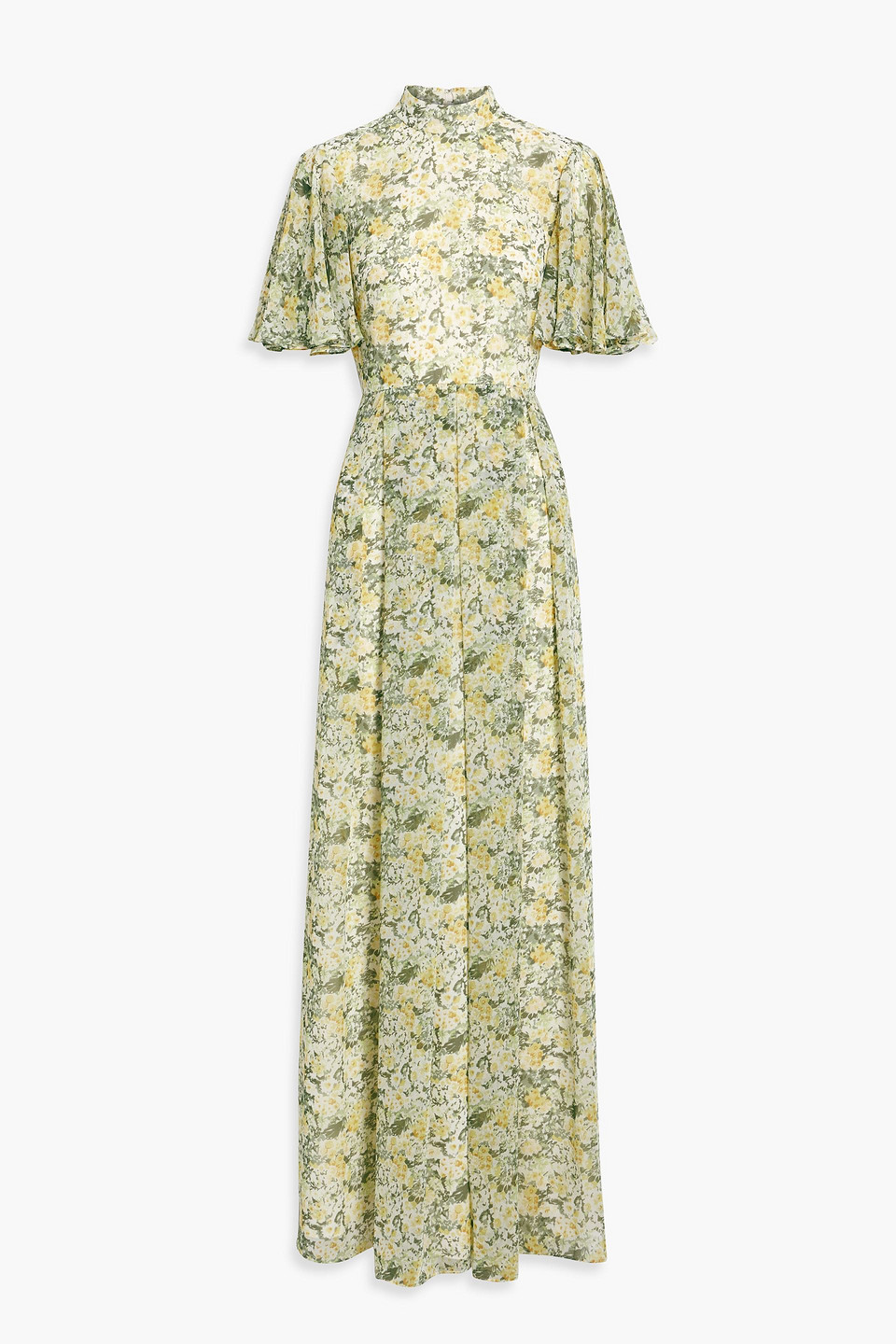 Mikael Aghal Pleated Floral-print Chiffon Maxi Dress In Yellow