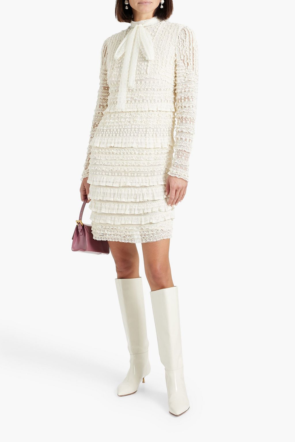 VALENTINO GARAVANI Ruffled lace-trimmed beaded silk-tulle mini dress
