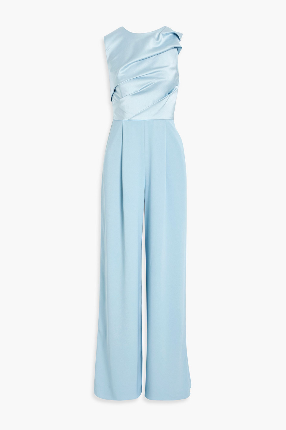 Mikael Aghal Satin-paneled Chiffon Wide-leg Jumpsuit In Sky Blue