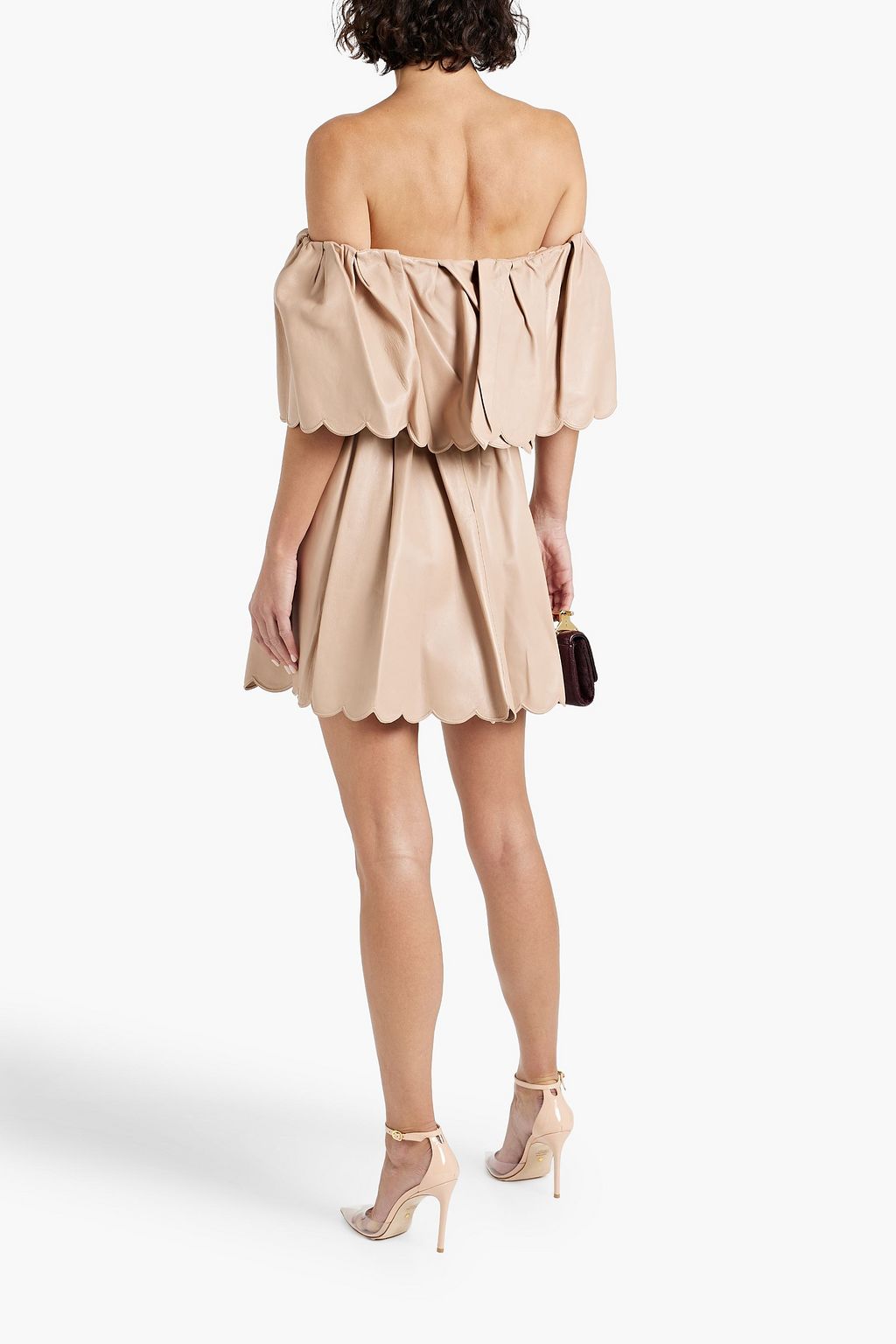 VALENTINO GARAVANI Off-the-shoulder pleated leather mini dress