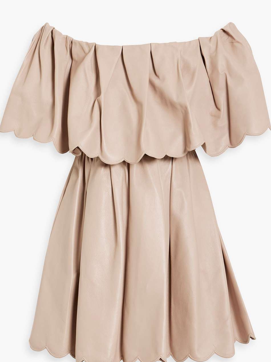 off-the-shoulder pleated leather mini dress