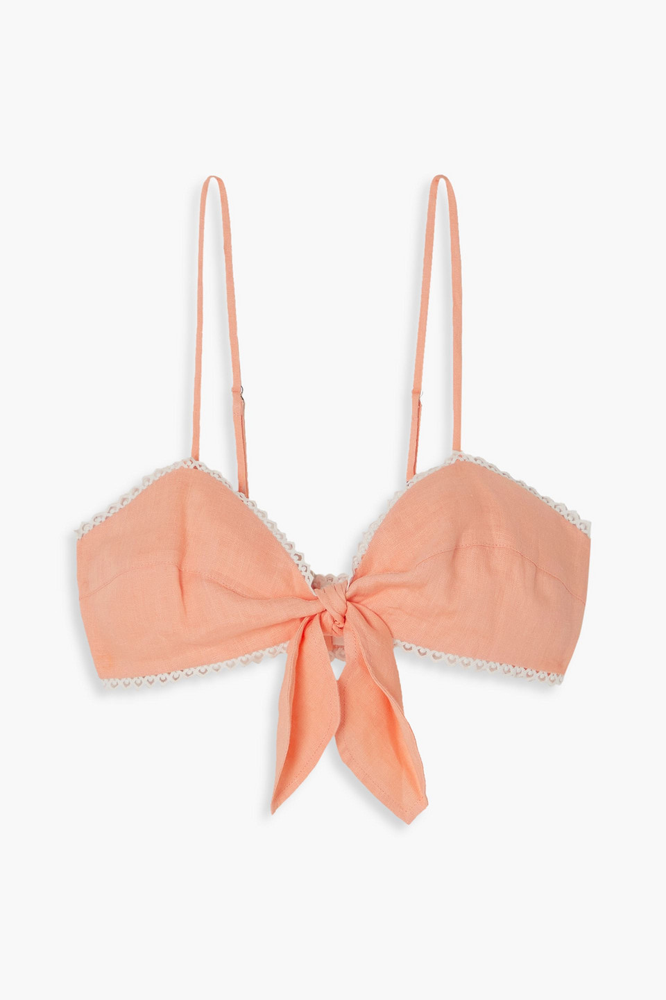 Miguelina Tilly Crochet-trimmed Knotted Linen Bra Top In Peach