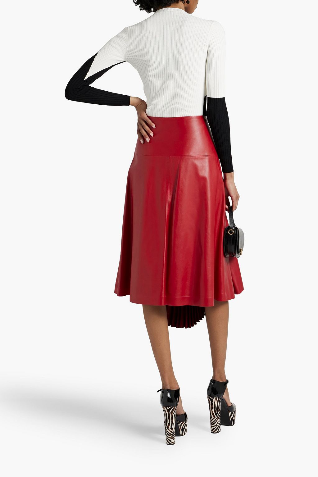 VALENTINO GARAVANI Satin crepe-paneled leather midi skirt
