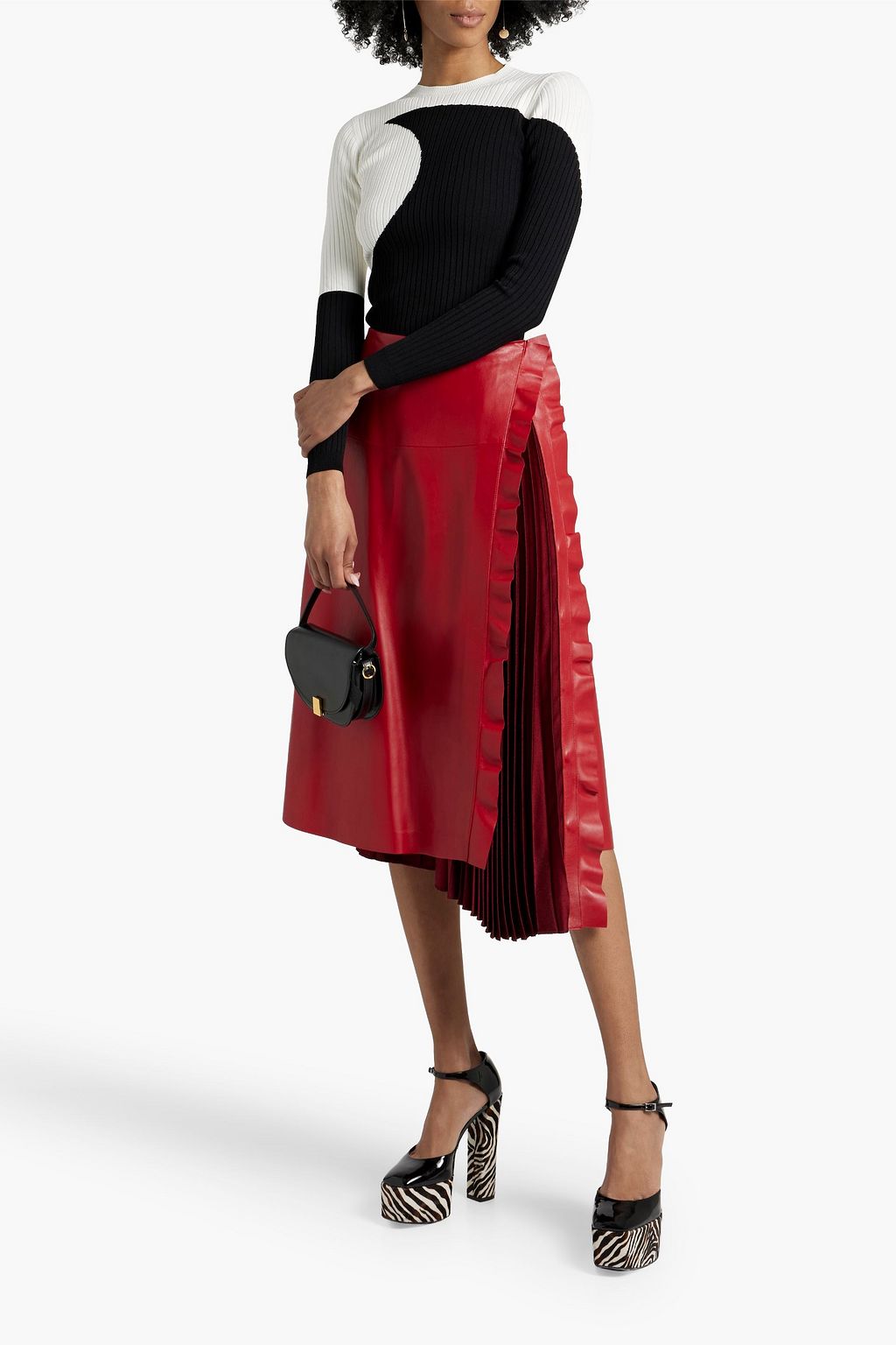 VALENTINO GARAVANI Satin crepe-paneled leather midi skirt
