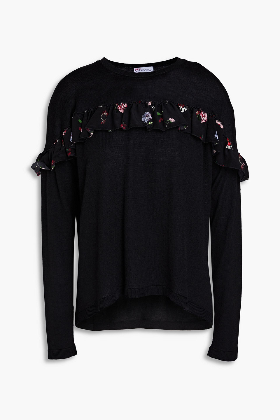 Red Valentino Ruffled Floral-print Wool Jumper In Black