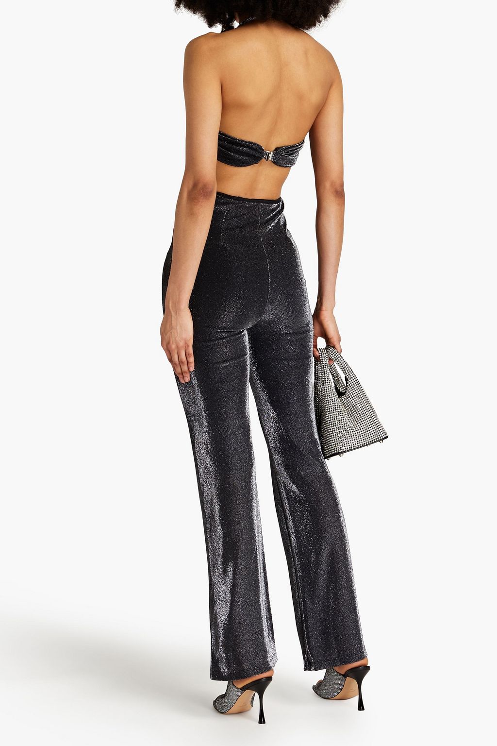 ROTATE BIRGER CHRISTENSEN Cutout metallic stretch-jersey halterneck jumpsuit