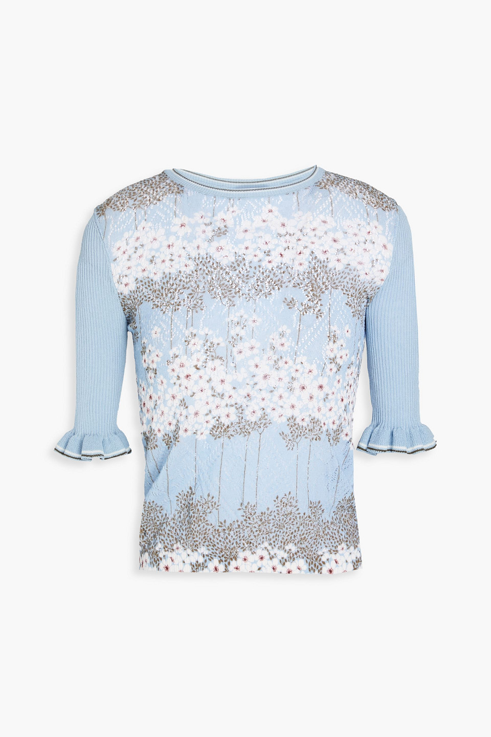 Redv Pullover Aus Einer Gerippten Baumwollmischung In Pointelle-strick Mit Floralem Print In Light Blue