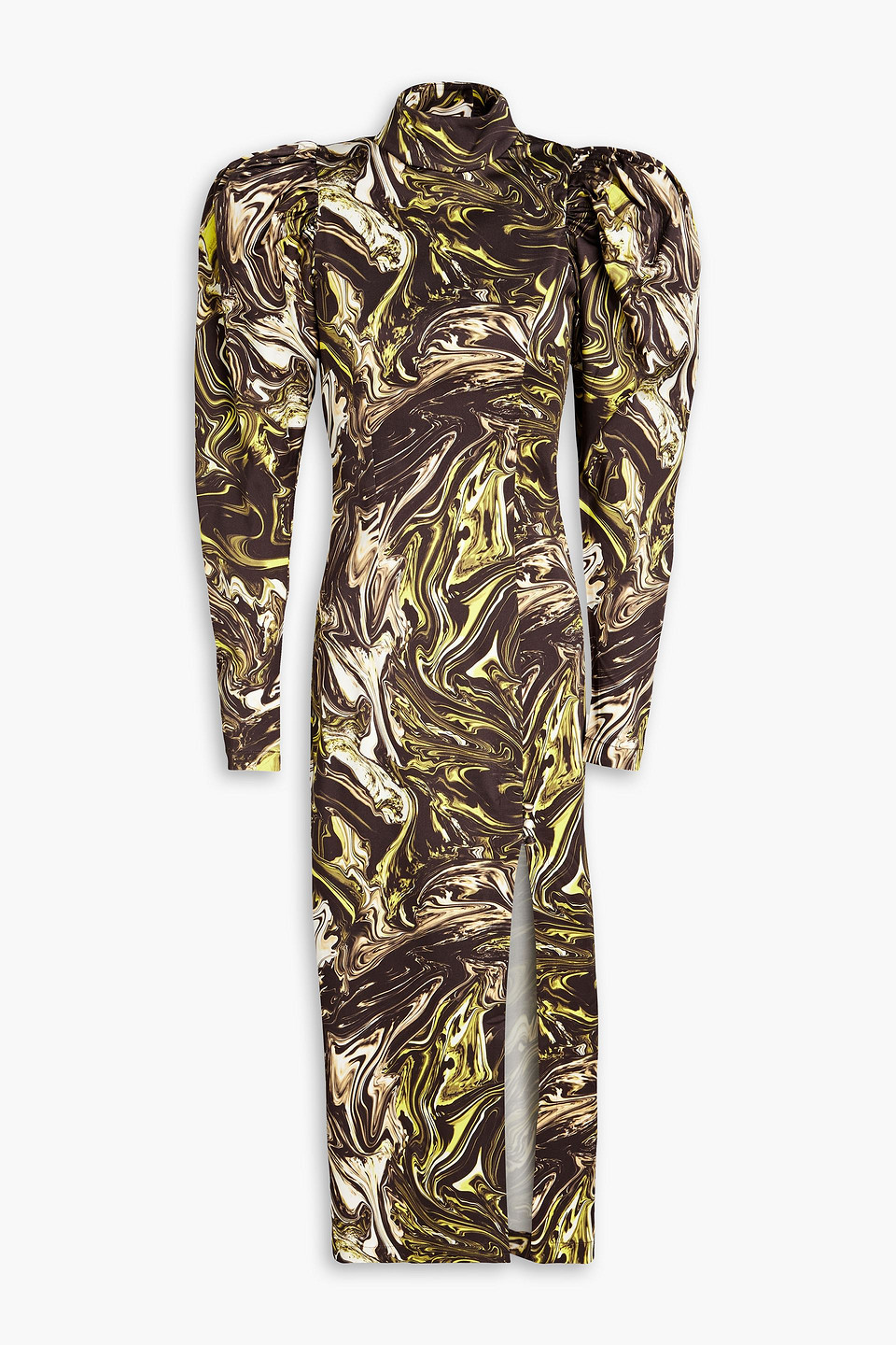 Marbled stretch-satin turtleneck midi dress