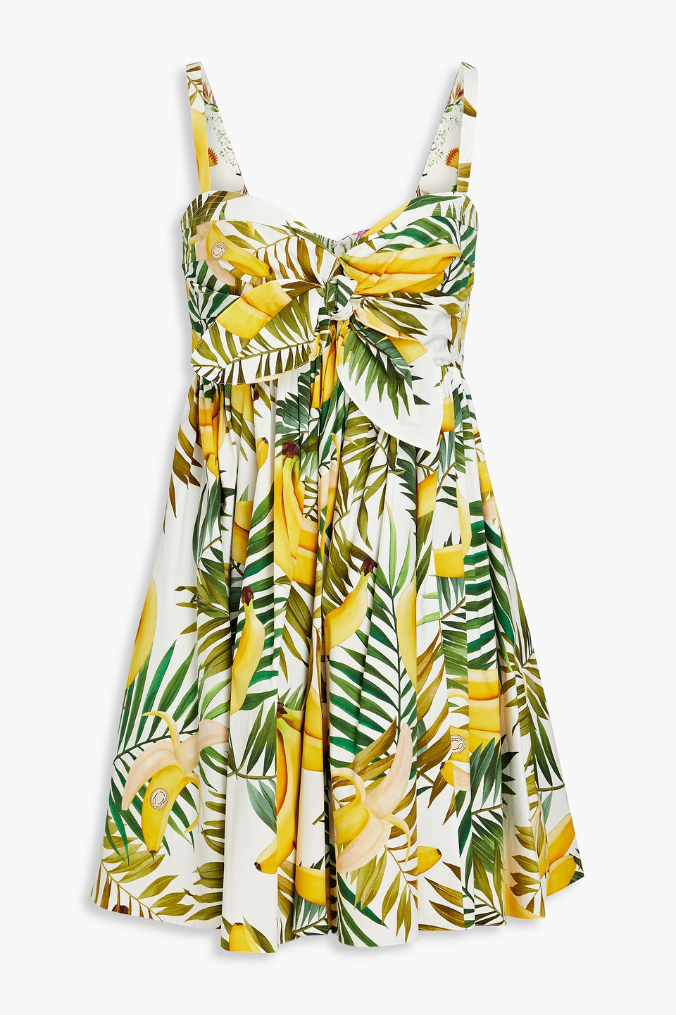 Shop Oscar De La Renta Knotted Printed Stretch-cotton Poplin Mini Dress In Yellow