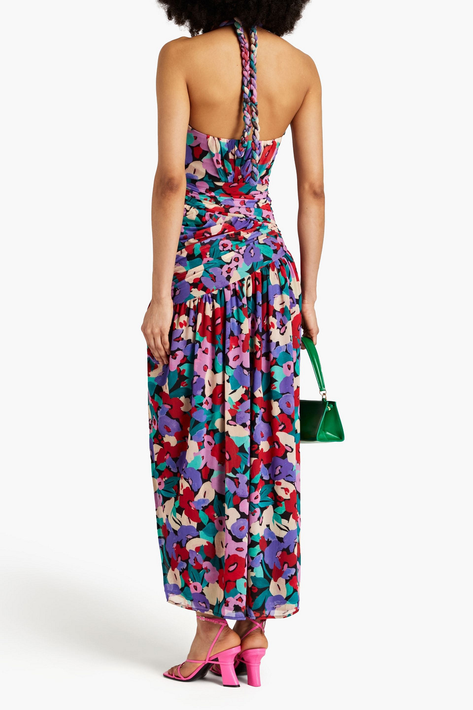 Nicholas Ruched Printed Stretch-mesh Halterneck Midi Dress In Black