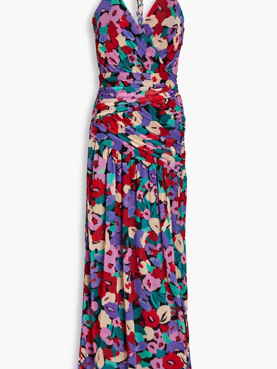bristol ruched printed stretch-mesh halterneck midi dress