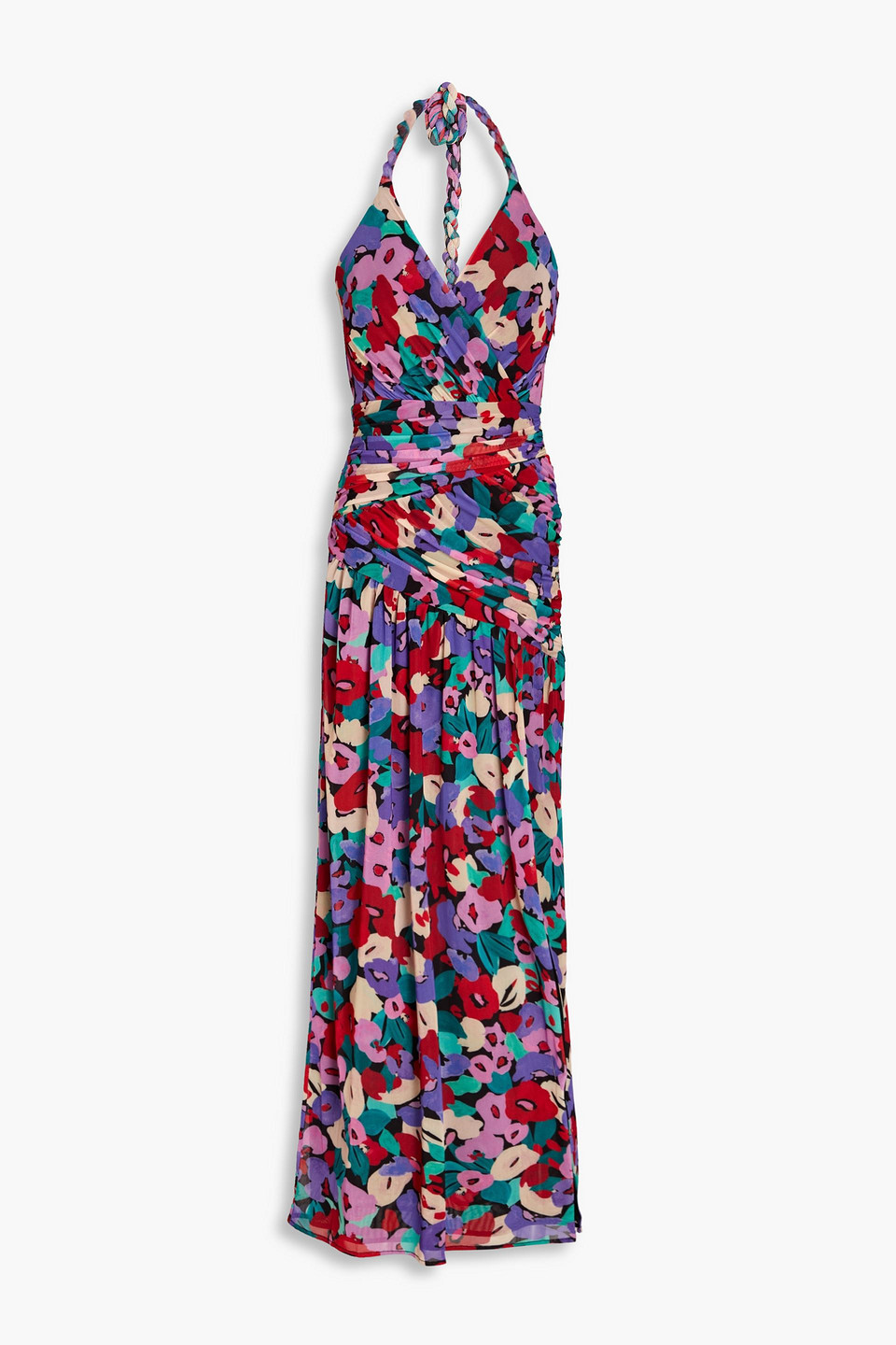 Nicholas Ruched Printed Stretch-mesh Halterneck Midi Dress In Black