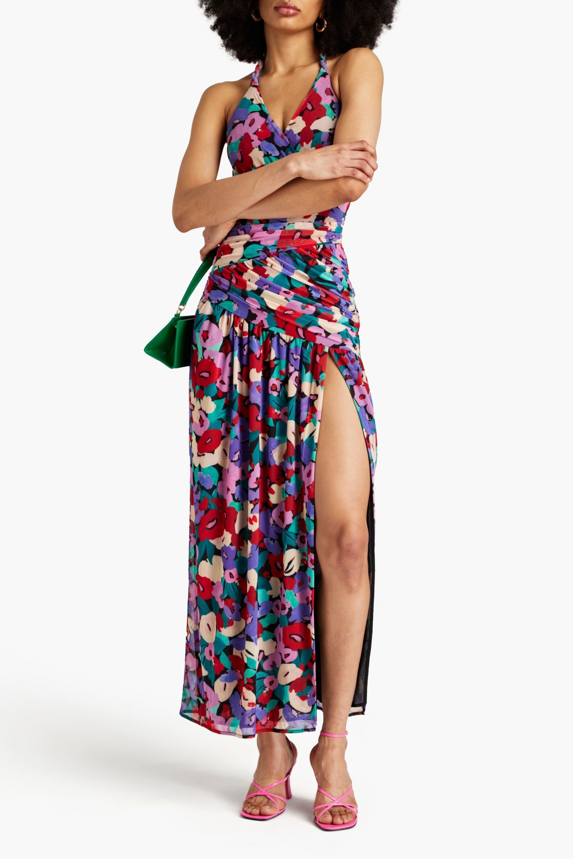 NICHOLAS Ruched printed stretch-mesh halterneck midi dress