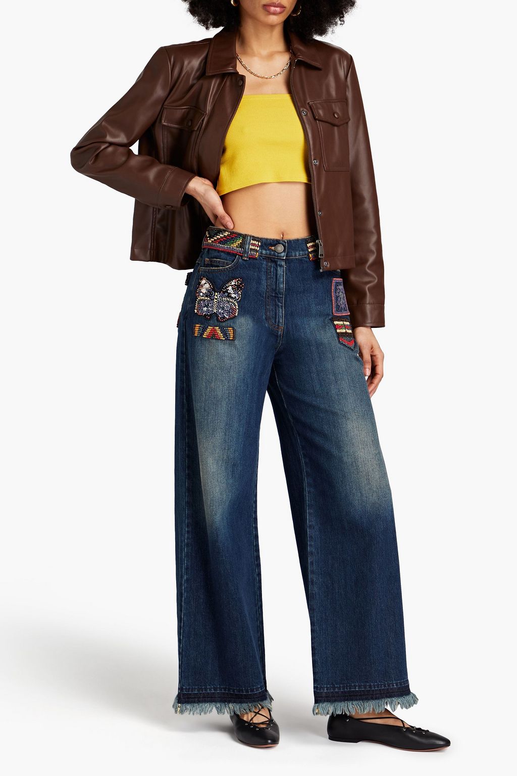 VALENTINO GARAVANI Bead-embellished high-rise wide-leg jeans