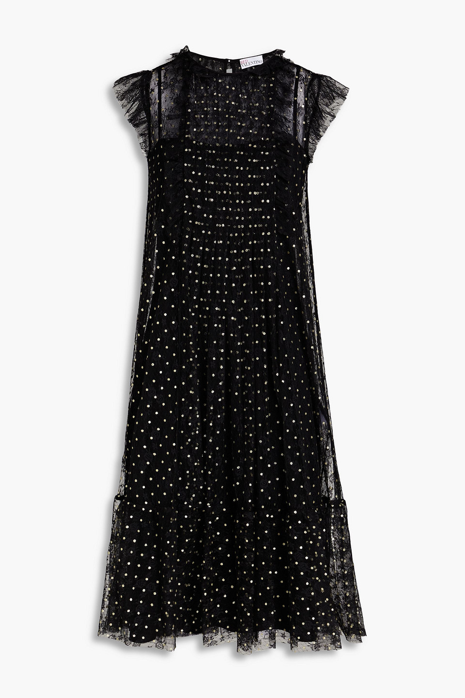 Red Valentino Ruffled Glittered Lace Midi Dress In Black