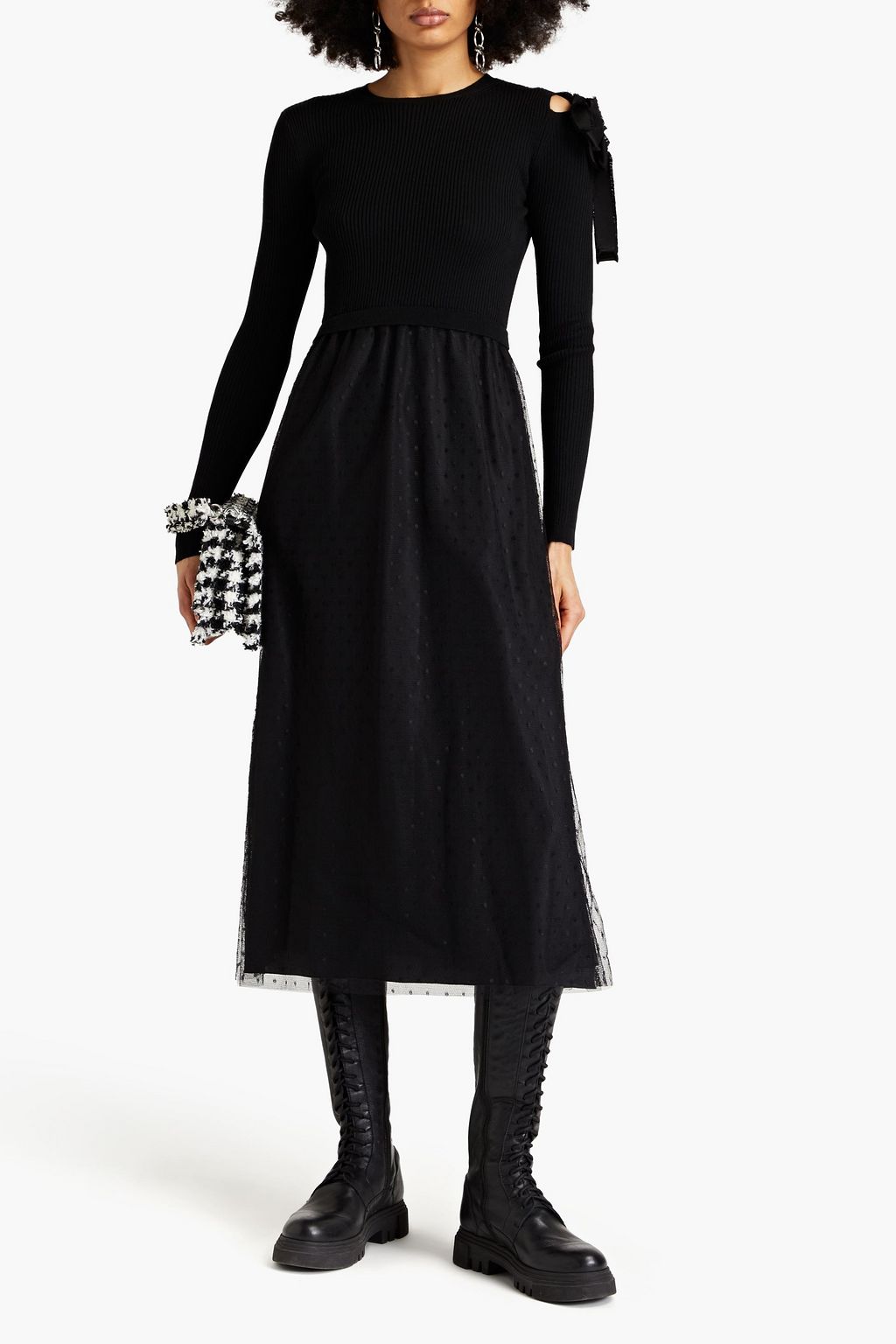 REDVALENTINO Ribbed wool and point d'esprit midi dress