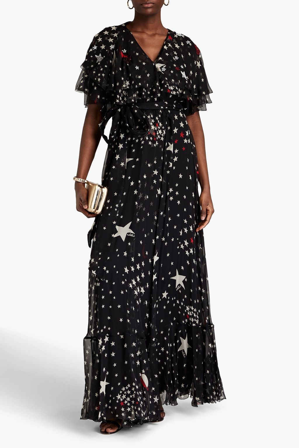 VALENTINO GARAVANI Printed bead-embellished silk-chiffon maxi dress
