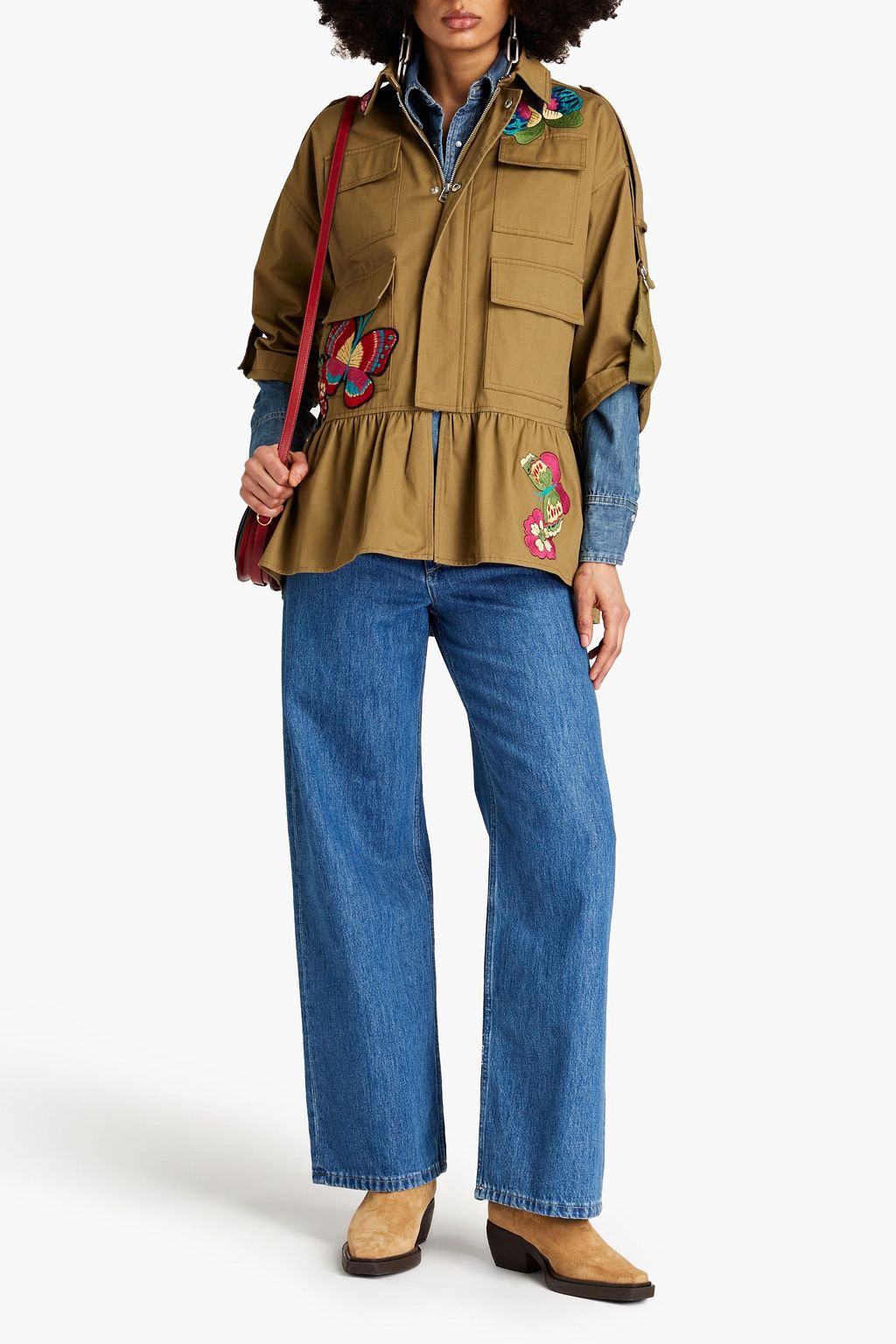 REDVALENTINO Ruffled embroidered cotton-gabardine jacket