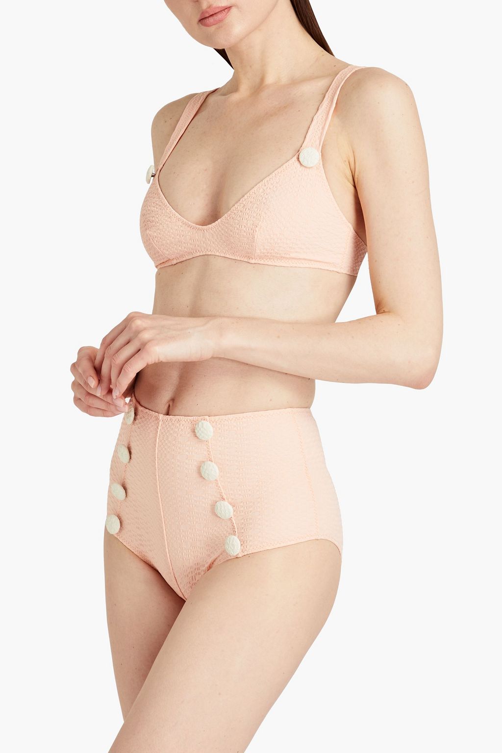LISA MARIE FERNANDEZ Button-embellished seersucker triangle bikini