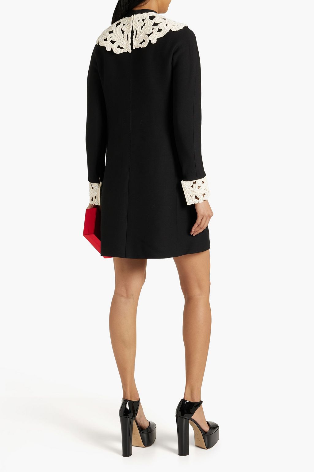 VALENTINO GARAVANI Beaded leather-trimmed wool and silk-blend crepe mini dress