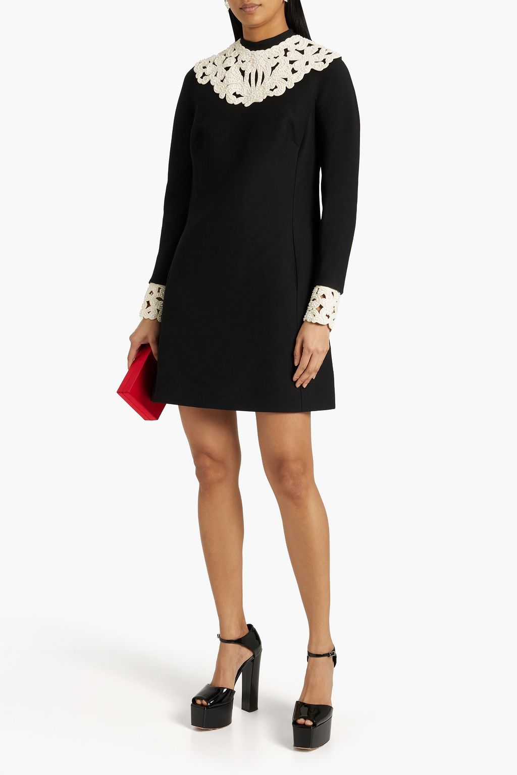VALENTINO GARAVANI Beaded leather-trimmed wool and silk-blend crepe mini dress