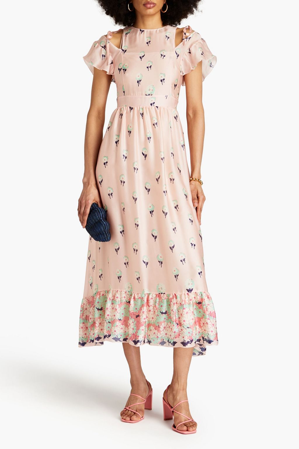 REDVALENTINO シルクシフォン ミディワンピース カットアウト フローラルプリント