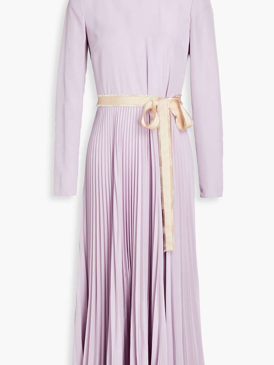 pleated crepe de chine turtleneck midi dress