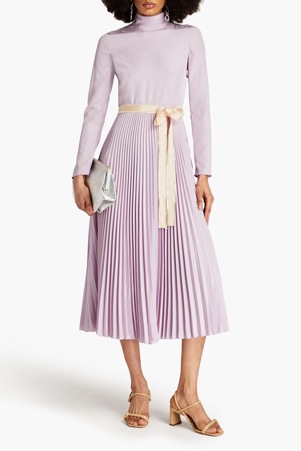 Redv Pleated Crepe De Chine Turtleneck Midi Dress In Lilac