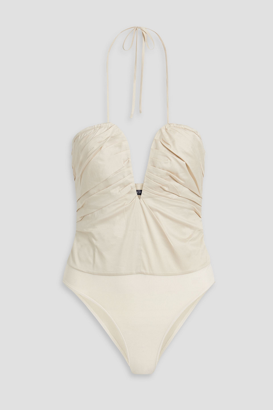 Zeynep Arcay Ruched Cotton-blend Poplin And Stretch-jersey Halterneck Bodysuit In Cream