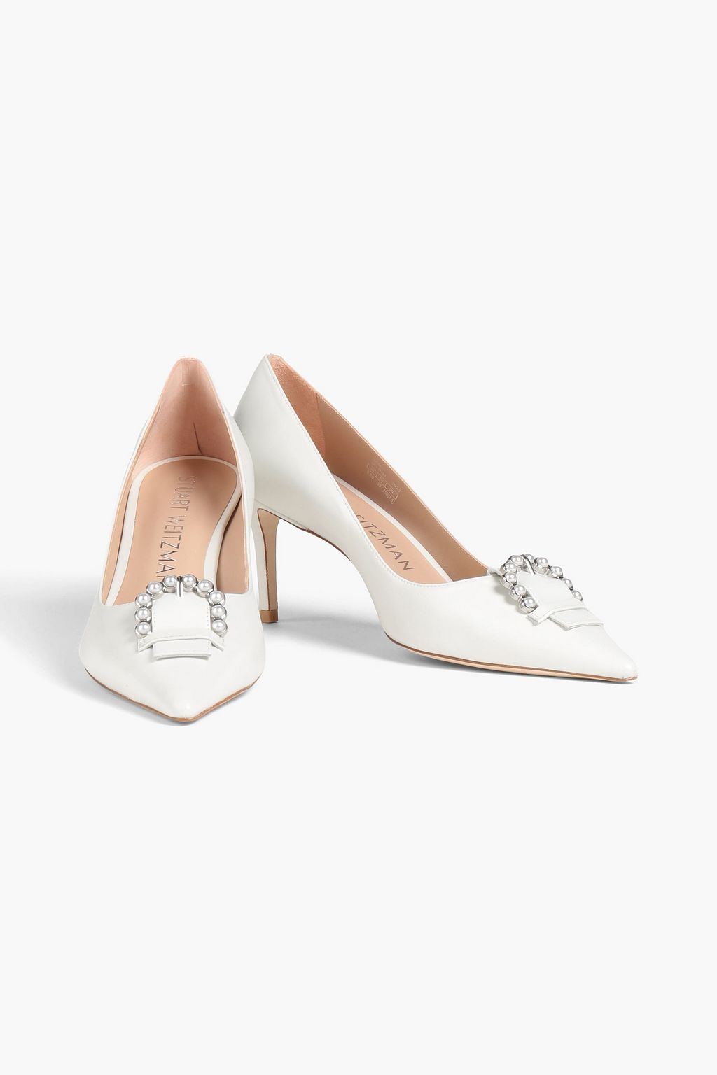 STUART WEITZMAN Pearl Buckle 75 embellished leather pumps