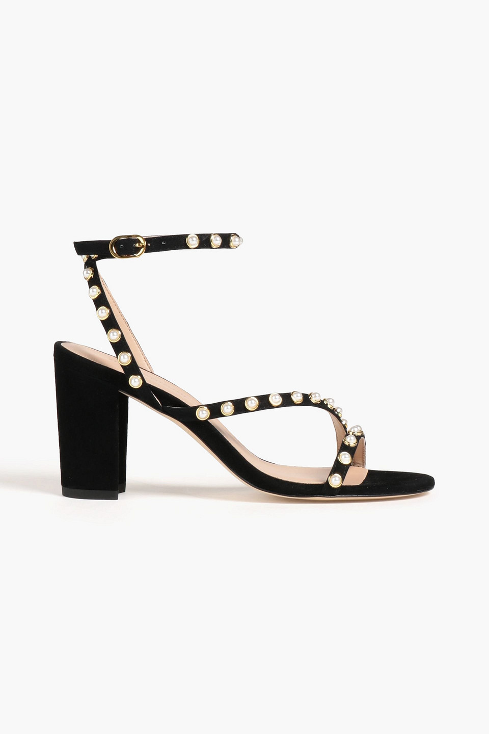 Stuart Weitzman Faux Pearl-embellished Suede Sandals In Black