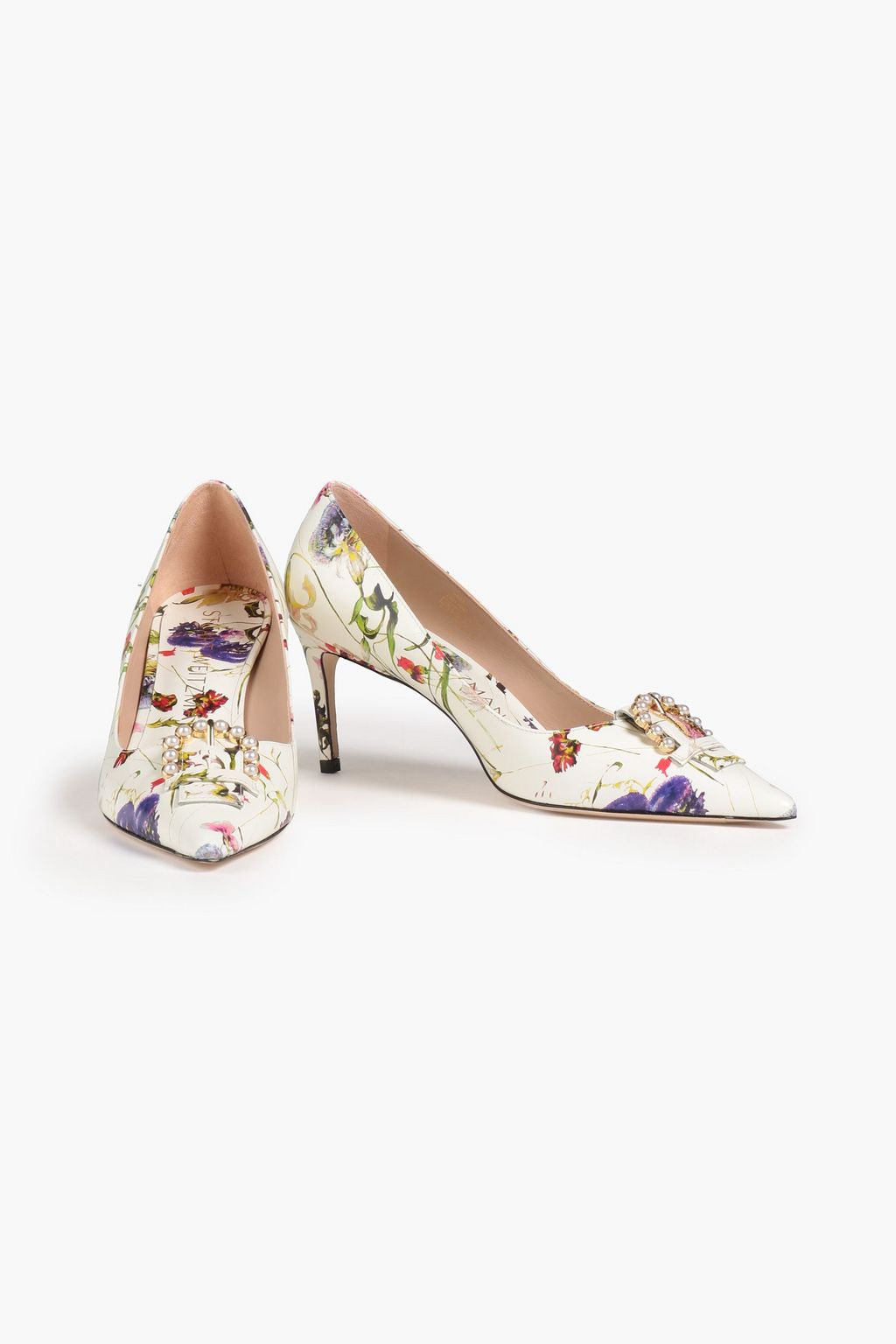 STUART WEITZMAN Pearl Buckle 75 embellished floralprint leather pumps