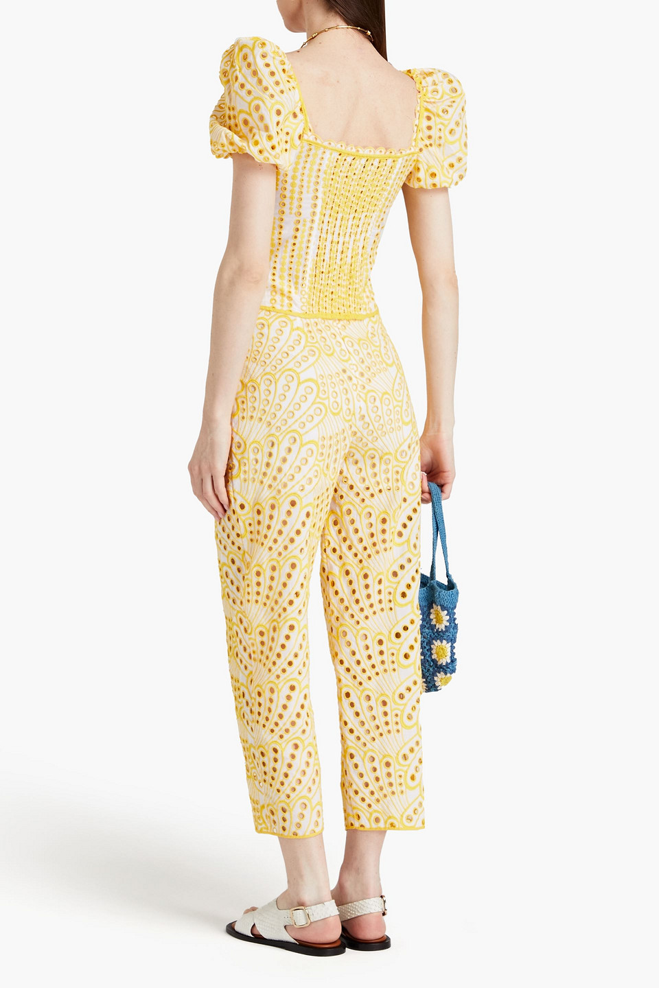 Shop Charo Ruiz Simone Cropped Broderie Anglaise Cotton-blend Tapered Pants In Yellow