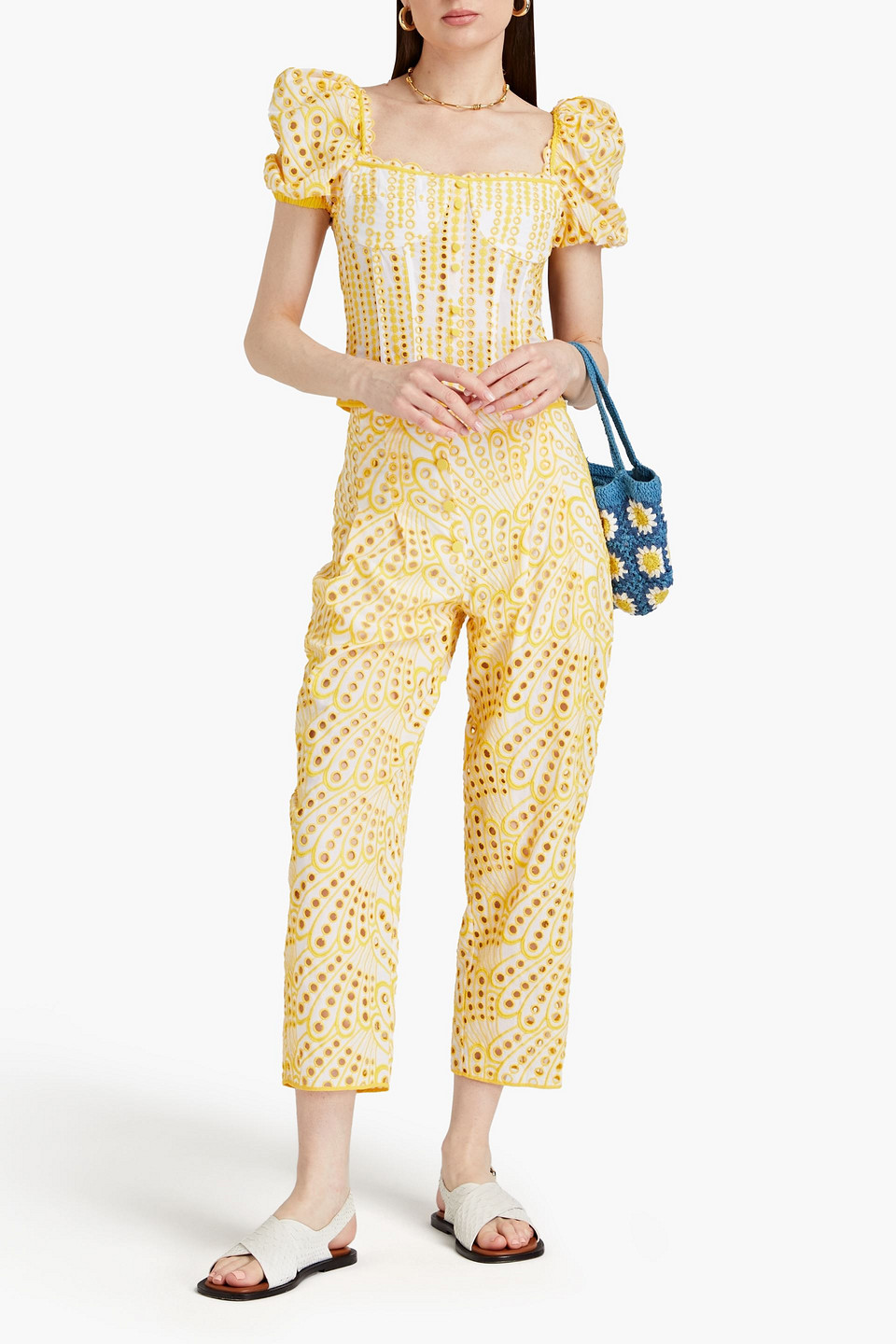 Shop Charo Ruiz Simone Cropped Broderie Anglaise Cotton-blend Tapered Pants In Yellow