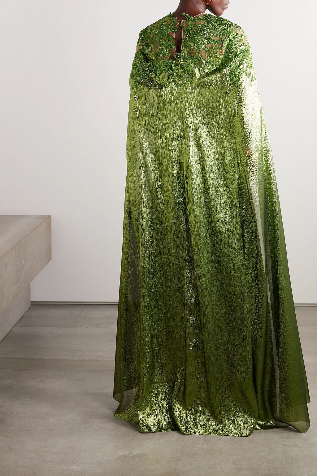 OSCAR DE LA RENTA Cape-effect embellished silk-blend lamé gown