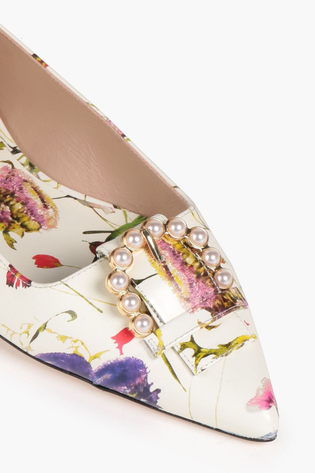 STUART WEITZMAN Embellished floral-print leather point-toe flats
