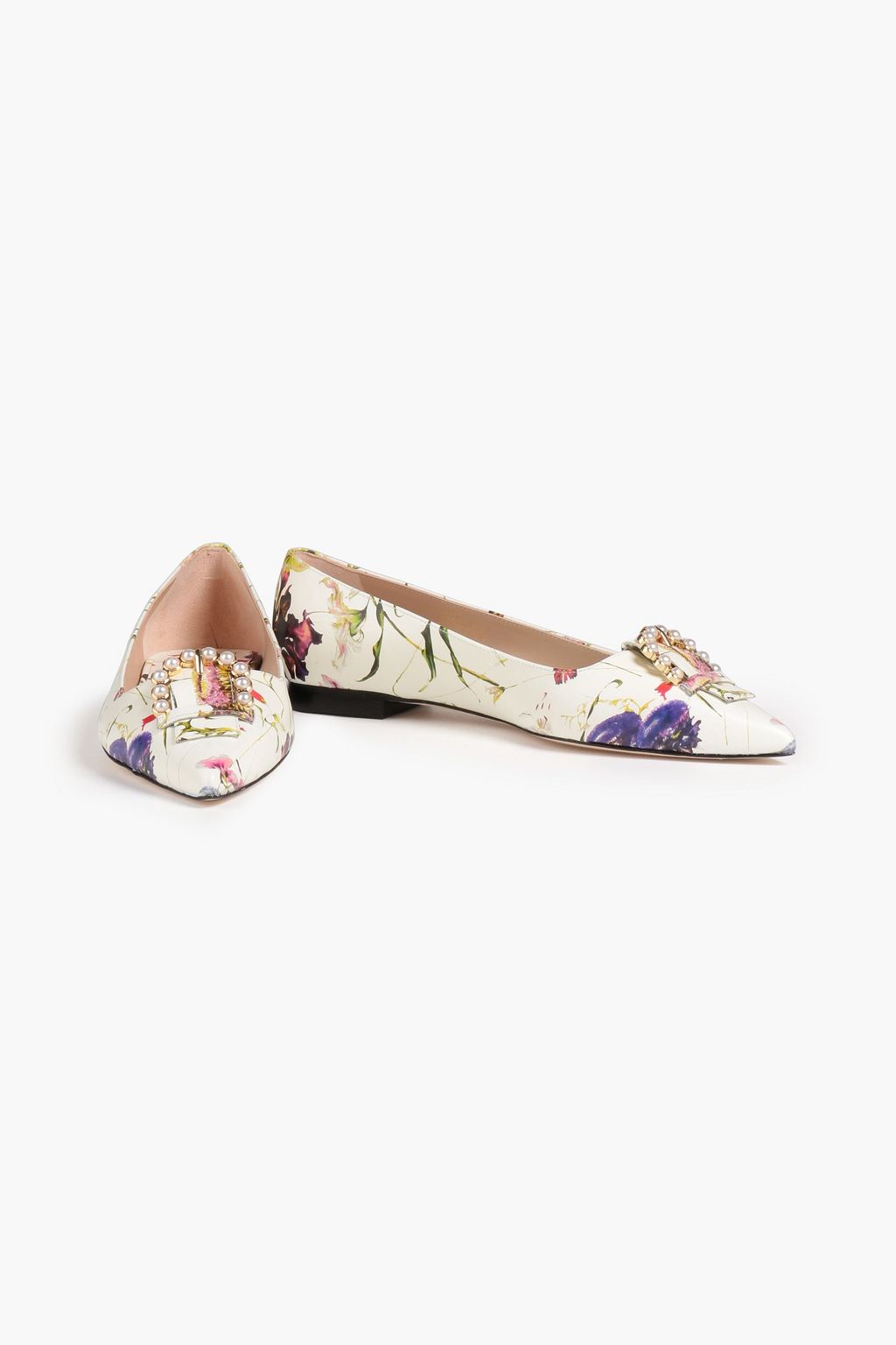 STUART WEITZMAN Embellished floral-print leather point-toe flats