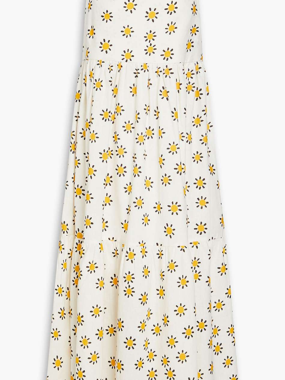 gathered floral-print linen and cotton-blend midi dress