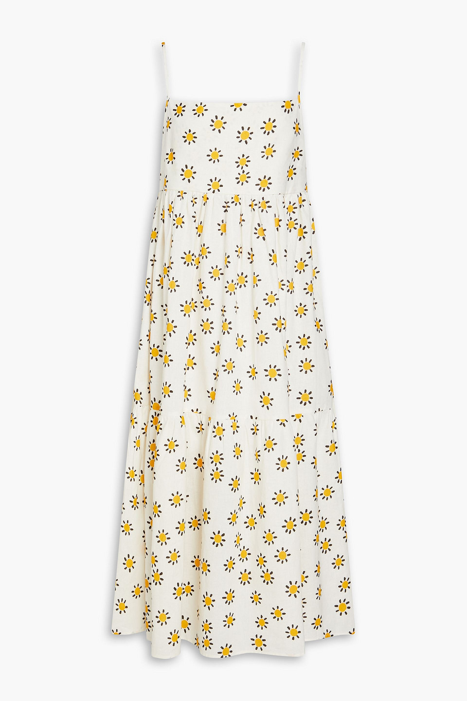 Gathered floral-print linen and cotton-blend midi dress