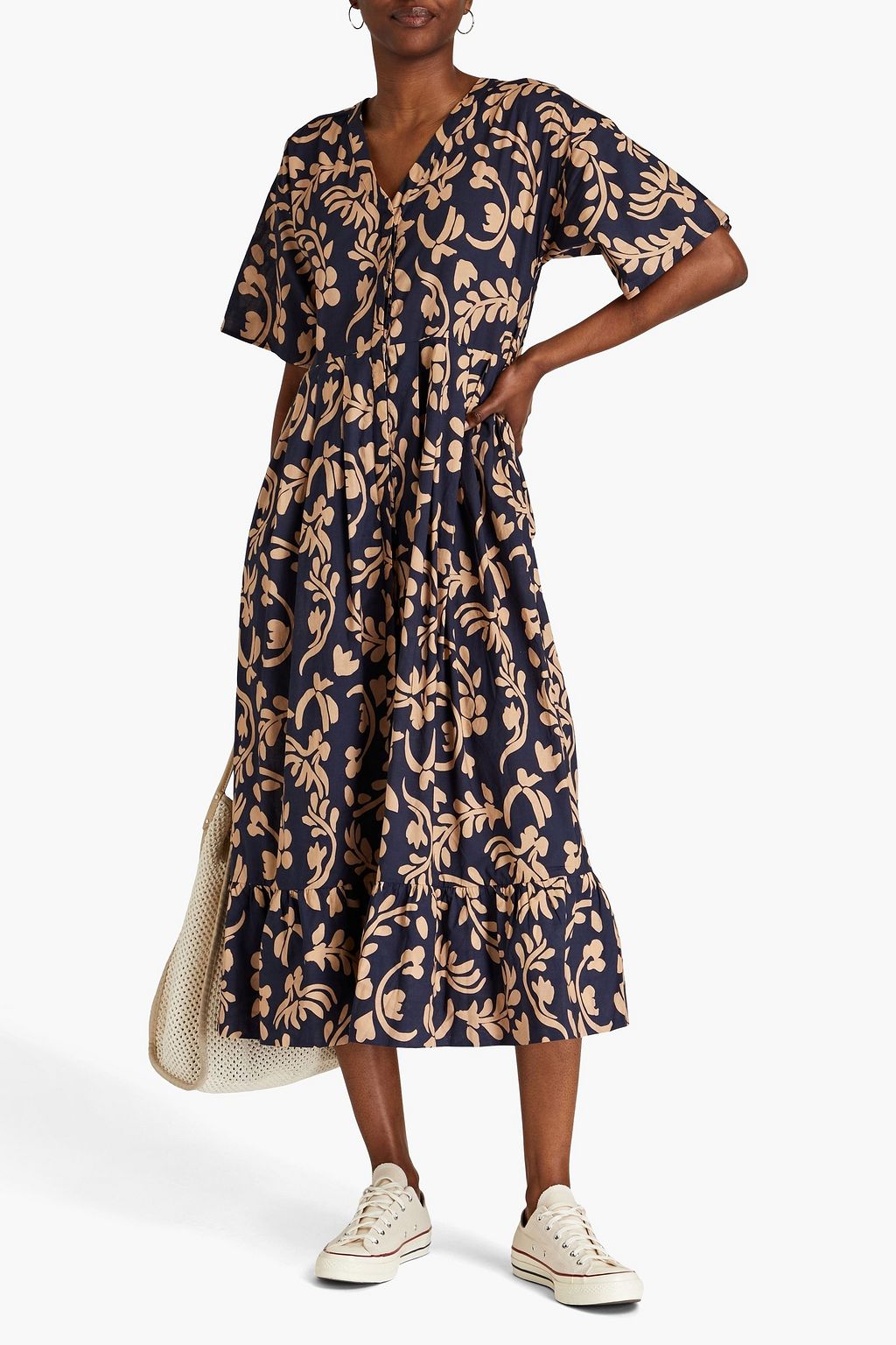 CHINTI & PARKER Pleated striped cotton-poplin midi dress