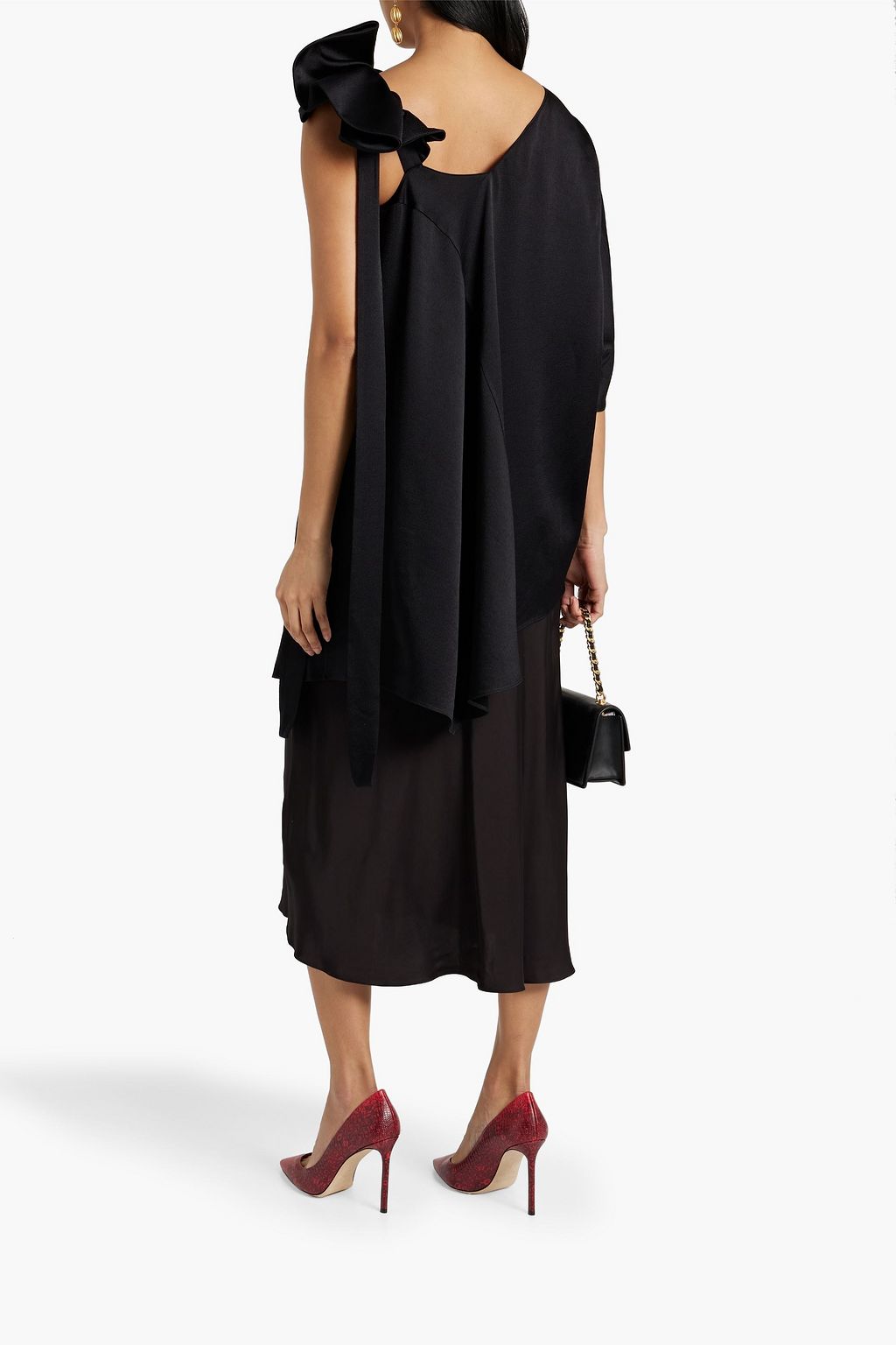 VALENTINO GARAVANI One-sleeve asymmetric ruffled hammered-satin top