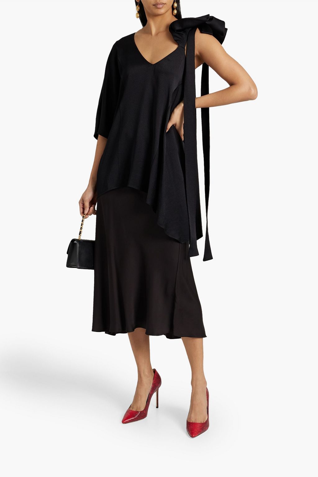 VALENTINO GARAVANI One-sleeve asymmetric ruffled hammered-satin top