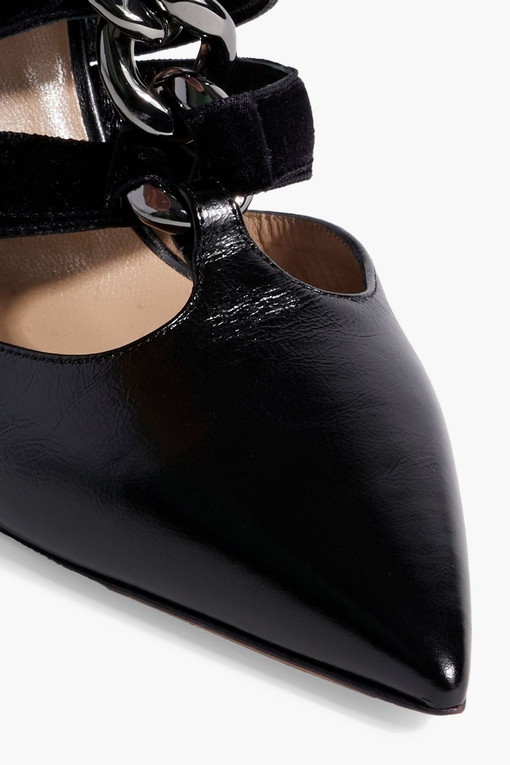 VALENTINO GARAVANI Velvet-trimmed chain-embellished leather pumps