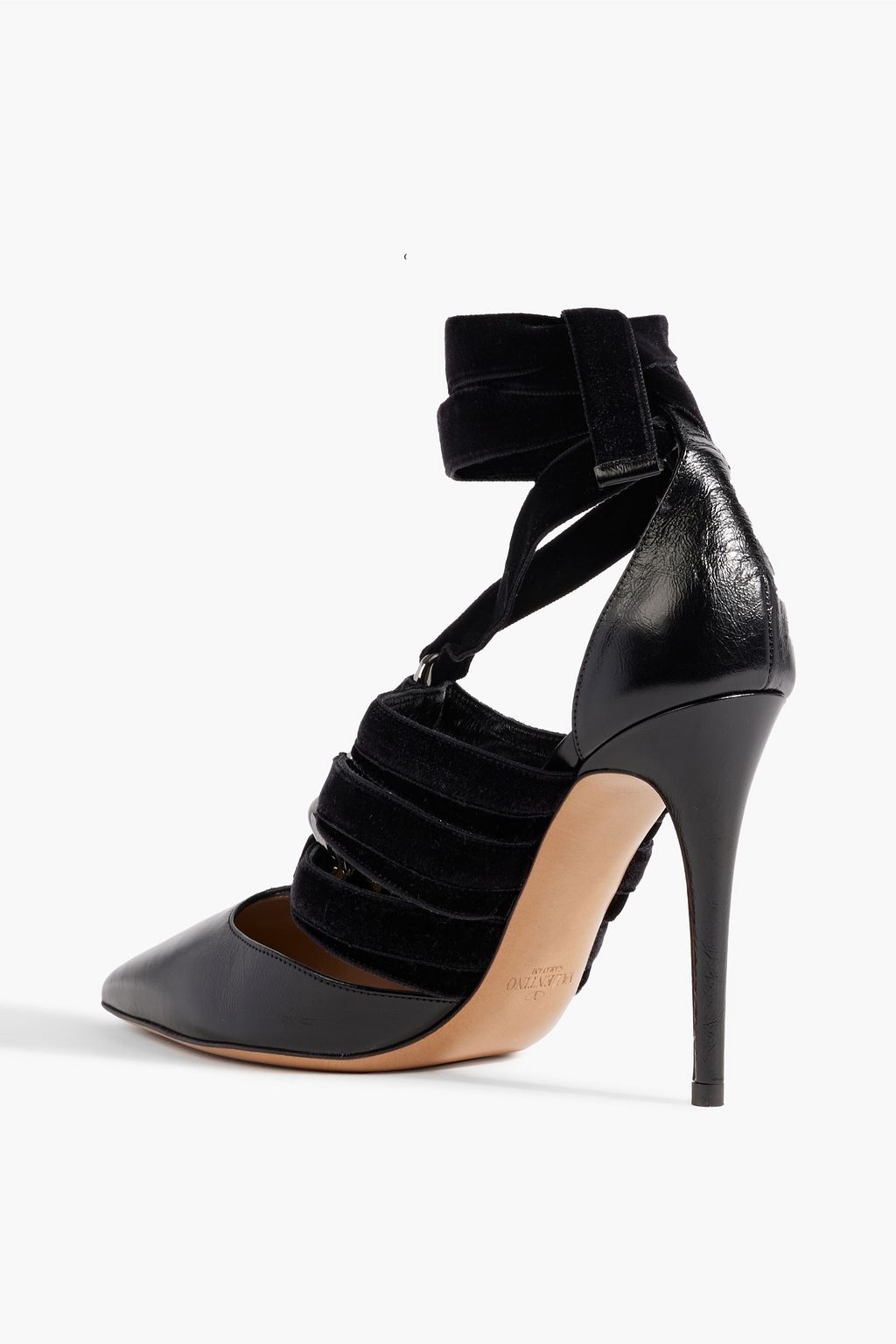 VALENTINO GARAVANI Velvet-trimmed chain-embellished leather pumps