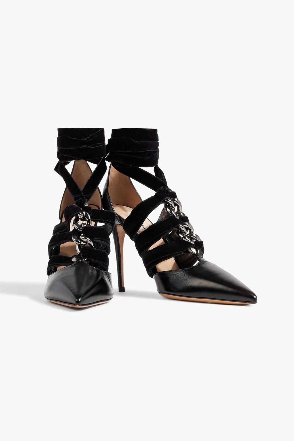 VALENTINO GARAVANI Velvet-trimmed chain-embellished leather pumps