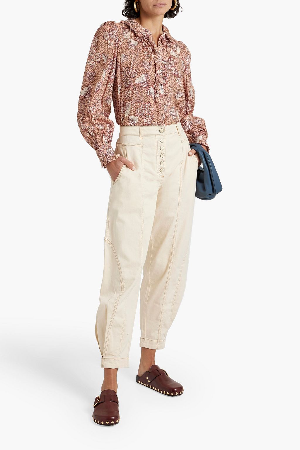 ULLA JOHNSON 러플 디테일 프린트 코튼 혼방 보일 블라우스